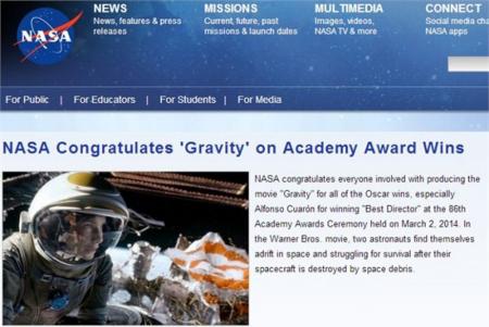 美国国家宇航局祝贺《地心引力》获得奥斯卡奖