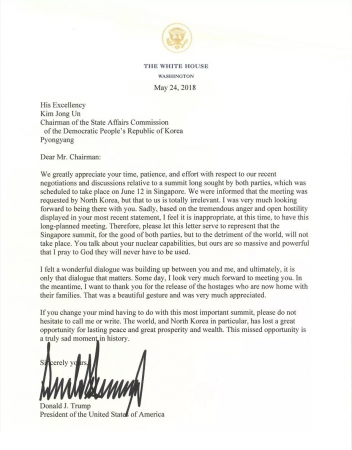 特朗普给金正恩的信 「特金会」取消